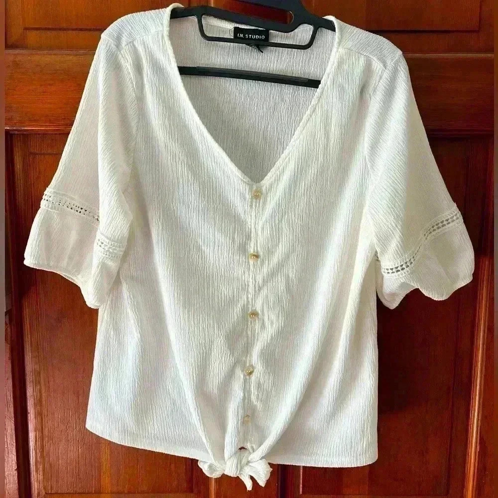 I.N. Studio White Button-Down Blouse - Boho Tie-Front Top - Size L/ XL